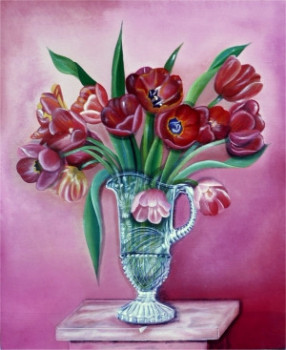 Zeitgenössisches Werk mit dem Titel « Les tulipes rouges au vase de cristal N°124 », Erstellt von ABERNARDO