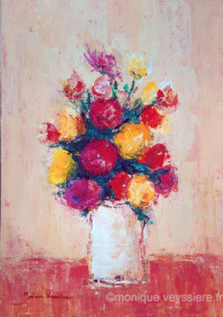 Zeitgenössisches Werk mit dem Titel « Bouquet sur nappe rouge », Erstellt von MONIQUE VEYSSIERE