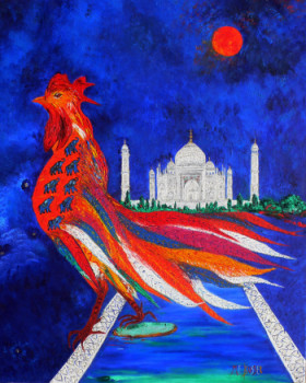 Zeitgenössisches Werk mit dem Titel « LE COQ RÊVE DU TAJ MAHAL », Erstellt von MARIE-FRANCE BUSSET