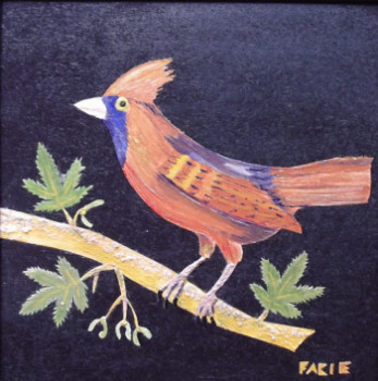 Zeitgenössisches Werk mit dem Titel « Le cardinal huppé sur feuilles d'érable », Erstellt von FABIE