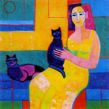 Zeitgenössisches Werk mit dem Titel « Femme en jaune avec 2 chats », Erstellt von FRANCE WAGNER