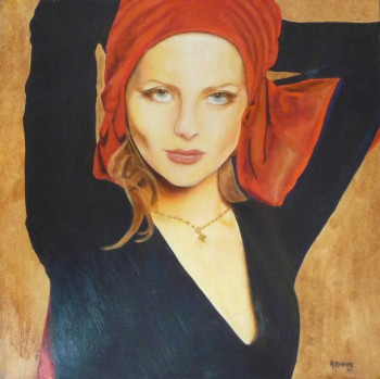 Zeitgenössisches Werk mit dem Titel « Femme au foulard Rouge », Erstellt von JADE