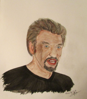 Zeitgenössisches Werk mit dem Titel « Portrait à l'aquarelle, Johnny Hallyday », Erstellt von CHRISTINE DELFOSSE