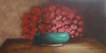 Zeitgenössisches Werk mit dem Titel « VASE VERT ET ROSES ANCIENNES », Erstellt von MIREILLE MAURY