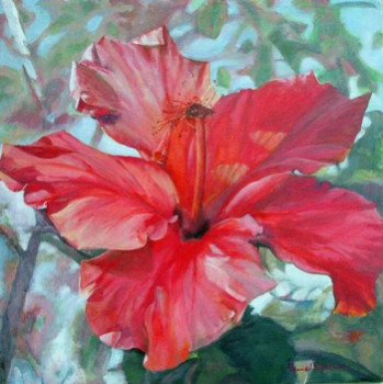 Zeitgenössisches Werk mit dem Titel « hibiscus rouge », Erstellt von MURIEL DOLEMIEUX