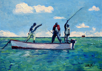 Zeitgenössisches Werk mit dem Titel « Pêcheurs en pirogue », Erstellt von STEFH2K