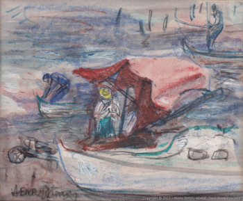 Zeitgenössisches Werk mit dem Titel « 04618 - Bateau au toit rouge », Erstellt von HENRY SIMON