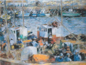 Zeitgenössisches Werk mit dem Titel « 04142 - Pêcheurs sur le quai de Saint Gilles », Erstellt von HENRY SIMON