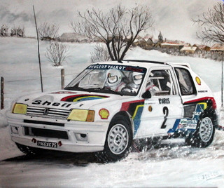 Zeitgenössisches Werk mit dem Titel « PEUGEOT 205 Turbo 16 - MONTE CAARLO 1985 - Ari Vatanen-Terry Harryman », Erstellt von ALAIN PINEDE