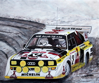 Zeitgenössisches Werk mit dem Titel « AUDI QUATTRO SPORT S - MONTE CARLO1986 - Walter Rohrl - Christian Geistdorfer », Erstellt von ALAIN PINEDE