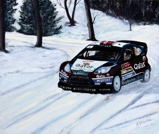 Zeitgenössisches Werk mit dem Titel « FORD FIESTA RS WRC - MONTE CARLO 2013 - Mads Ostberg - Jonas Andersson », Erstellt von ALAIN PINEDE