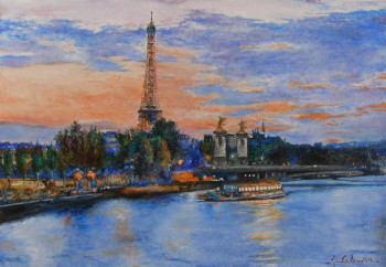 Zeitgenössisches Werk mit dem Titel « Paris, La Seine et La tour Eiffel, nocturne », Erstellt von JEAN-LUC CELCE