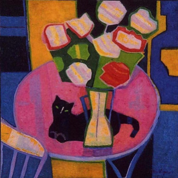 Zeitgenössisches Werk mit dem Titel « Chat au bouquet », Erstellt von FRANCE WAGNER