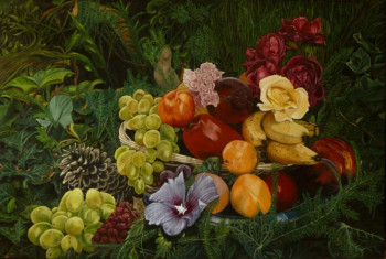 Zeitgenössisches Werk mit dem Titel « FEUILLES, FRUITS ET FLEURS », Erstellt von MICHELINE HANRARD LADOUL MHL.