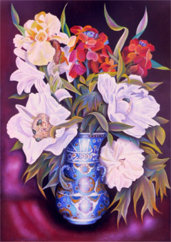 Zeitgenössisches Werk mit dem Titel « Les paéonias blanches au vase d'IZNIK calligraphié », Erstellt von ABERNARDO