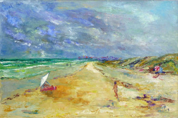 Zeitgenössisches Werk mit dem Titel « La plage à Tréguennec : parasol rouge », Erstellt von MICHEL HAMELIN