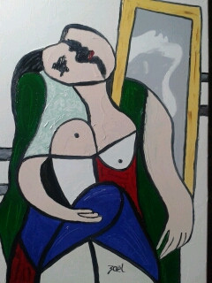 Zeitgenössisches Werk mit dem Titel « FEMME AU MIROIR (imitation de Picasso) », Erstellt von ZAëL