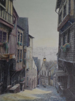 Zeitgenössisches Werk mit dem Titel « Rue moyenâgeuse et un chien dinannais », Erstellt von JACQUES TAFFOREAU