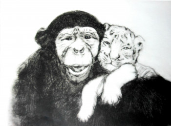 Zeitgenössisches Werk mit dem Titel « le chimpanzé et le bébé tigre », Erstellt von MARIE-CHRISTINE RAGAIGNE