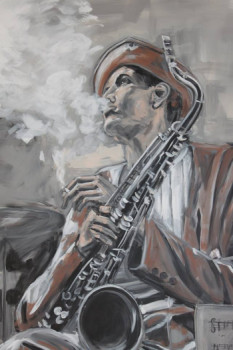 Zeitgenössisches Werk mit dem Titel « Saxophoniste peint sur toile », Erstellt von THIERRY HERR - ARTISTE PEINTRE DECORATEUR