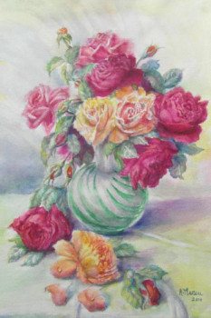 Zeitgenössisches Werk mit dem Titel « Roses au vase vert », Erstellt von AMALIA MEREU