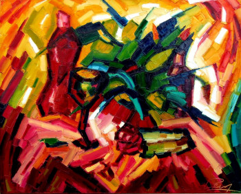 Zeitgenössisches Werk mit dem Titel « Nature morte à la bouteille rouge », Erstellt von LILIANE PENIN