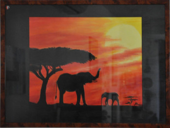 Zeitgenössisches Werk mit dem Titel « les elephants dans le couché de soleil de la savane », Erstellt von AMANDINE RENAUD