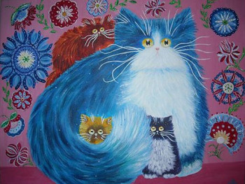 Zeitgenössisches Werk mit dem Titel « Les chats avec les motifs à la russe », Erstellt von OM