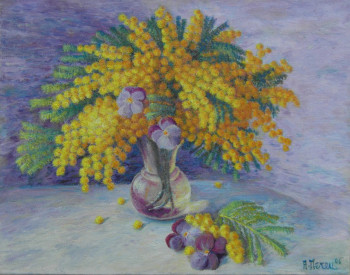 Zeitgenössisches Werk mit dem Titel « Petit bouquet de mimosas avec pensées », Erstellt von AMALIA MEREU