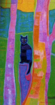 Zeitgenössisches Werk mit dem Titel « Chat noir au jardin », Erstellt von FRANCE WAGNER