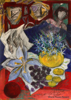 Zeitgenössisches Werk mit dem Titel « femme et fleur bleue », Erstellt von HERVé PLOUZEN