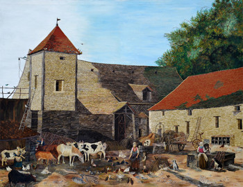 Zeitgenössisches Werk mit dem Titel « Cour de ferme », Erstellt von GRALLIé