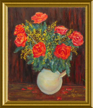 Zeitgenössisches Werk mit dem Titel « Roses et mimosa   46x33 huile sur toile », Erstellt von ARTOIS