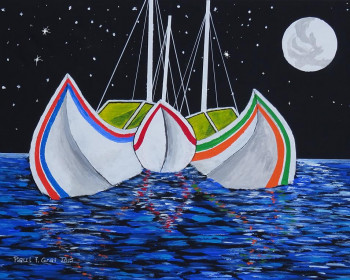 Zeitgenössisches Werk mit dem Titel « Boat and full moon   », Erstellt von PAUL F. GRAF