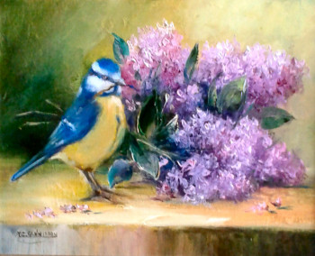 Zeitgenössisches Werk mit dem Titel « Mésange et lilas », Erstellt von CHRISPAINT FLOWERS