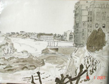 Zeitgenössisches Werk mit dem Titel « Biarritz - Le Basta et la Grande plage », Erstellt von GUILLOU