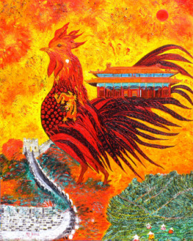 Zeitgenössisches Werk mit dem Titel « VOYAGE DU COQ EN CHINE SOUS UN FEU D'ARTIFICE », Erstellt von MARIE-FRANCE BUSSET