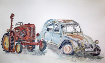 Zeitgenössisches Werk mit dem Titel « tracteur et 2CV », Erstellt von BARTLET-DROUZY