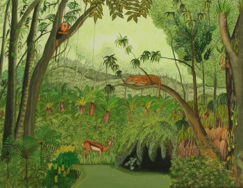 Zeitgenössisches Werk mit dem Titel « Scène de la jungle tropicale », Erstellt von JACQUELINE VERNAY-MILLOT