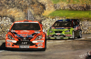 Zeitgenössisches Werk mit dem Titel « Monte Carlo 2008 - PEUGEOT 307 WRC - Jean-Marie Cuoq-David Marty -- sd plan Ford FocusWRC Jari-Matti Latvala-Miikka Auttila », Erstellt von ALAIN PINEDE