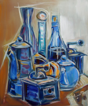 Zeitgenössisches Werk mit dem Titel « Nature morte à la cafetière bleue », Erstellt von ALAIN LE NOST