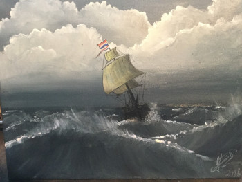 Zeitgenössisches Werk mit dem Titel « Voilier hollandais dans la tempête  », Erstellt von L.DT