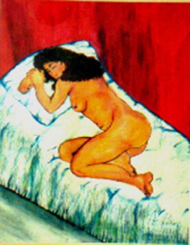 Zeitgenössisches Werk mit dem Titel « « Nue sur lit »  Nude in bed .  Peinture », Erstellt von MITRA SHAHKAR