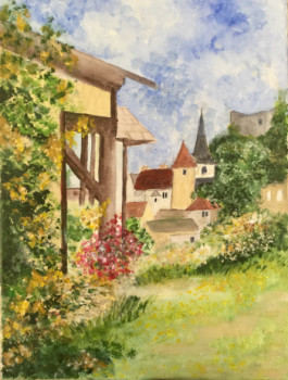 Zeitgenössisches Werk mit dem Titel « Le château et le prieure de mon village bourguignon », Erstellt von PATRICIA DELEY