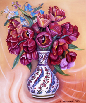 Zeitgenössisches Werk mit dem Titel « Les tulipes rouges au vase d'IZNIK », Erstellt von ABERNARDO