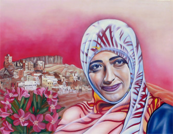 Zeitgenössisches Werk mit dem Titel « Des lauriers roses pour TAWAKKOL KARMAN (Yemen) Prix Nobel de la paix en 2011 », Erstellt von ABERNARDO