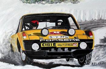 Zeitgenössisches Werk mit dem Titel « Monte Carlo 1971- PORSCHE 914-6- BJON WALDEGAARD- HANS THORSZELIUS », Erstellt von ALAIN PINEDE