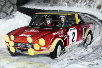 Zeitgenössisches Werk mit dem Titel « Monte Carlo 1975- FIAT ABARTH 124 SPIDER- HANNU MIKOLA- JEAN TODT », Erstellt von ALAIN PINEDE