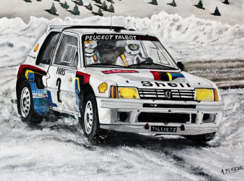 Zeitgenössisches Werk mit dem Titel « Monte Carlo 1985- PEUGEOT 205 T 16- ARI VATANEN- TERRY HARRYMAN », Erstellt von ALAIN PINEDE