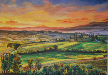 Zeitgenössisches Werk mit dem Titel « Toscane: ciel jaune et prairie verte », Erstellt von JEAN LUZIER